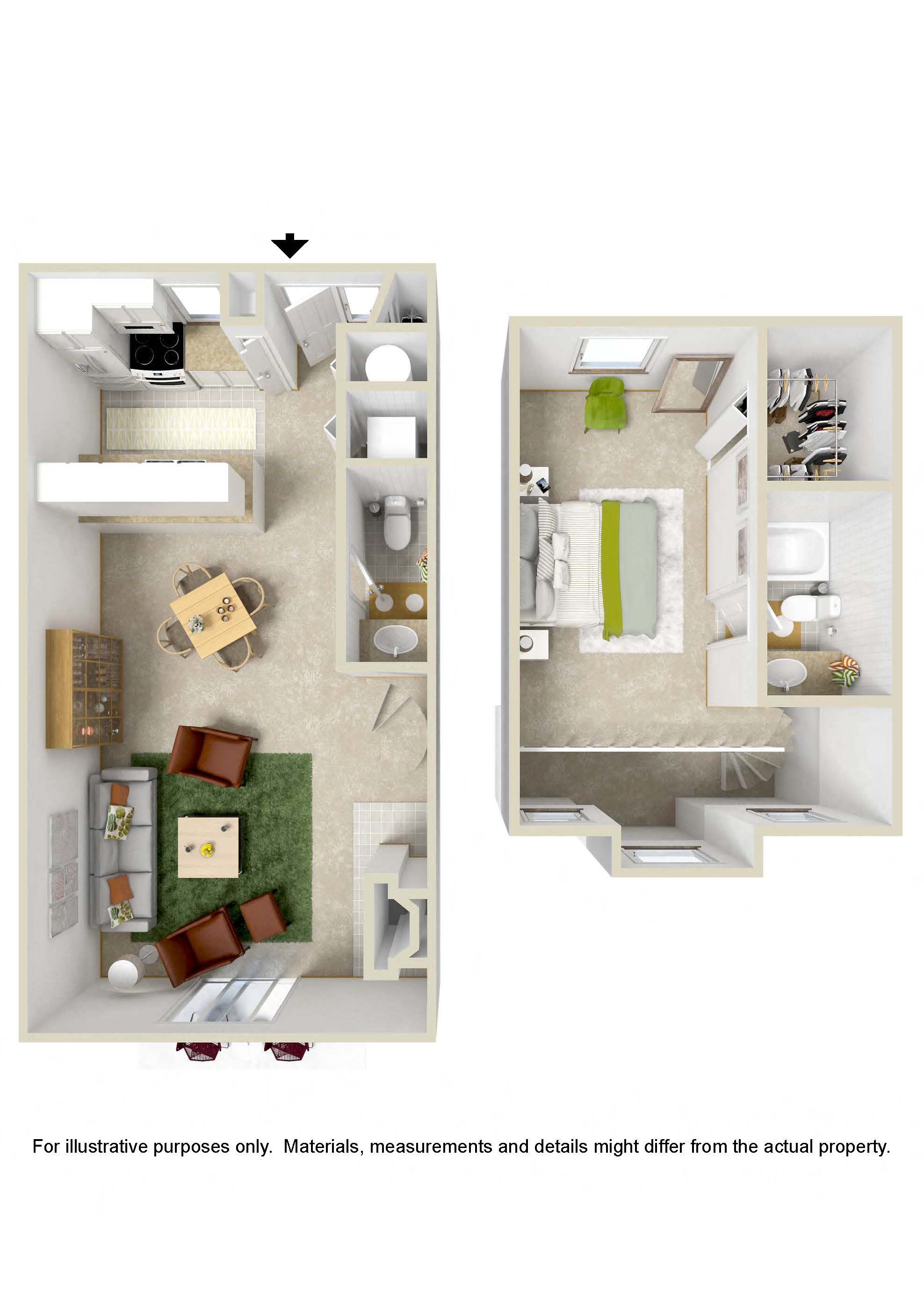 Floor plan for 1 bed, 1.5 baths, 800 sqft